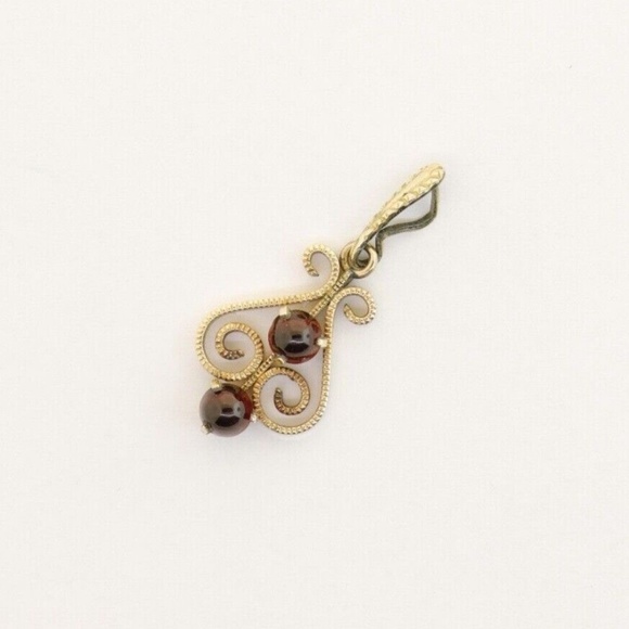 10K Yellow Gold ANTIQUE Garnet Bead Filigree Lavalier Pendant 0.8g - Picture 6 of 7